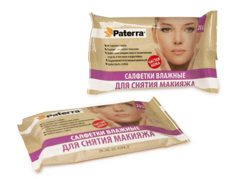 Салфетки влажные для снятия макияжа, PATERRA, 20 шт. в уп.   104-089