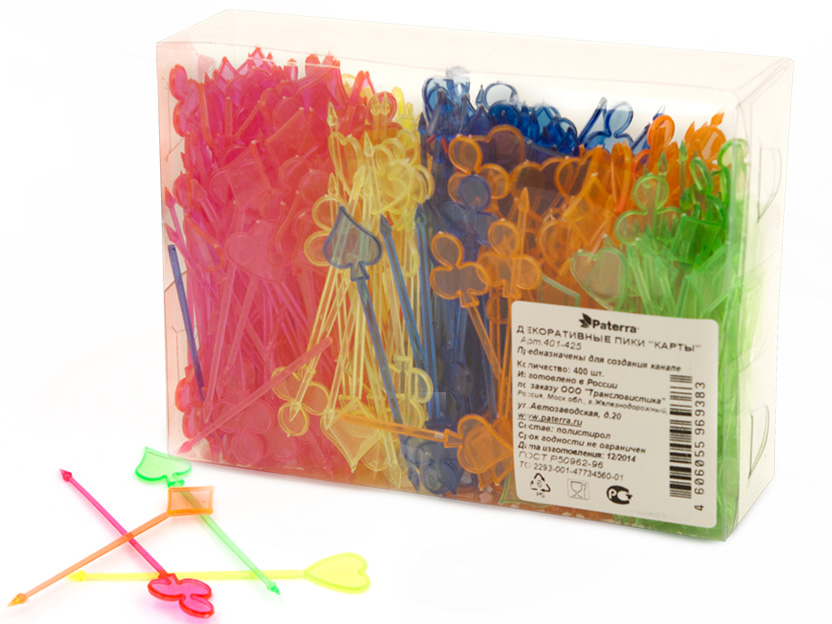Декоративные пики "Карты", 90 мм, 400 шт. в ПВХ-упаковке Paterra, цвета в ассортименте, пластик (401-425)