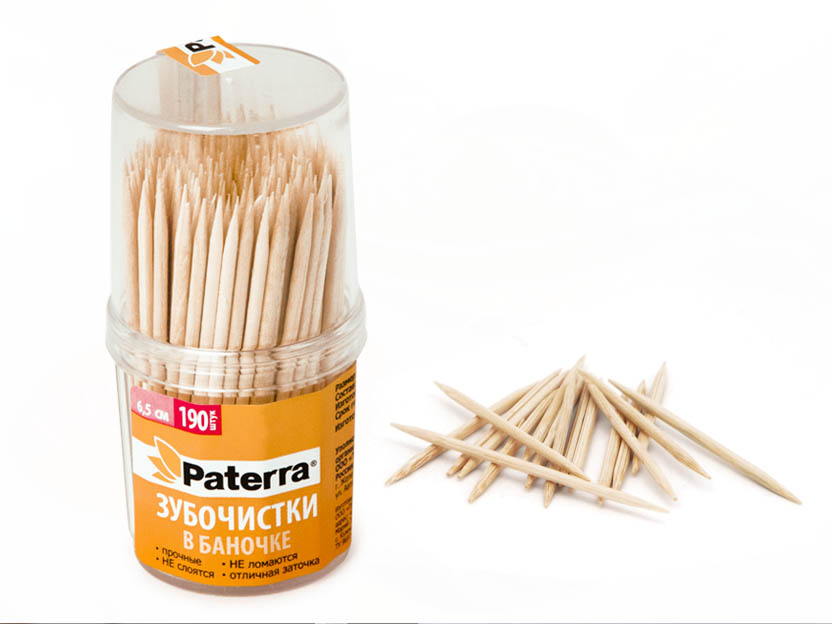 Зубочистки  деревянные, 190 шт. в пластиковой баночке, 6 см*2 мм, Paterra  (401-427)