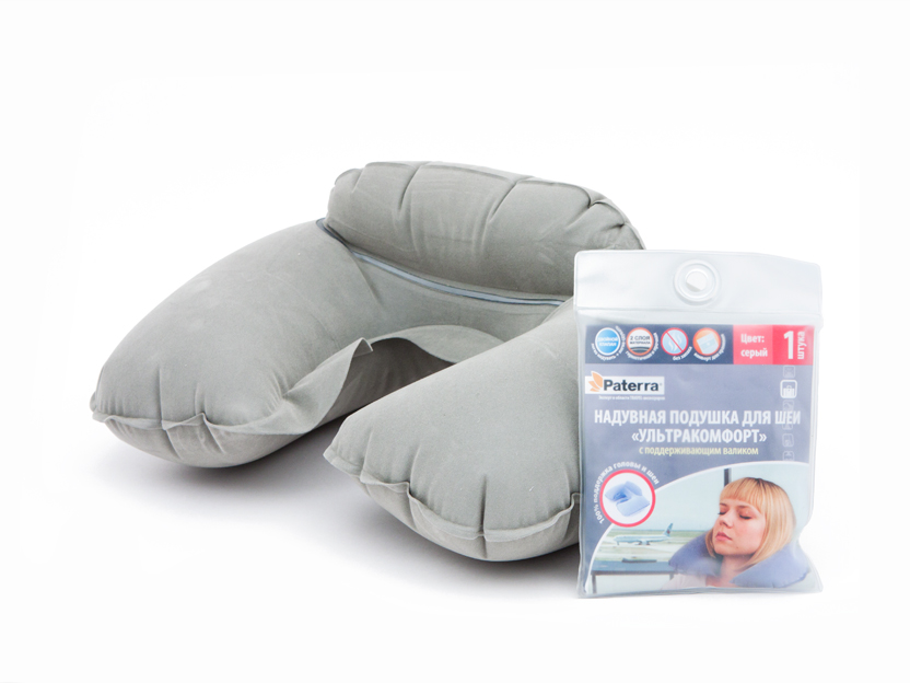 Надувная подушка для шеи «Ультракомфорт», с поддерживающим валиком, Paterra, флок, универ. размер, в удобной упаковке (409-012)