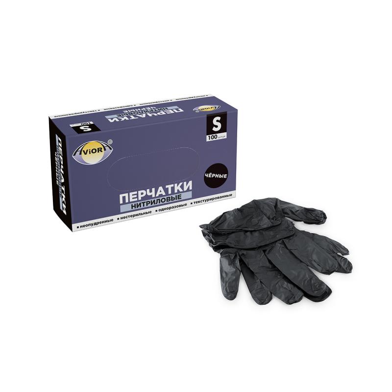 Перчатки нитриловые гипоаллергенные черные, р-р S, 100 шт/уп AVIORA (402-794)
