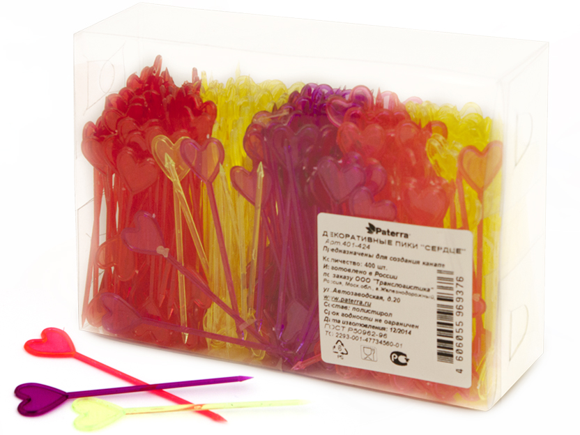 Декоративные пики "Сердечко", 85 мм, 400 шт. в ПВХ-упаковке, Paterra, цвета в ассортименте, пластик  (401-424)